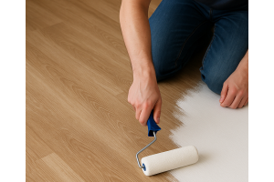 AI-generated image of a person painting laminate flooring white with a roller. 