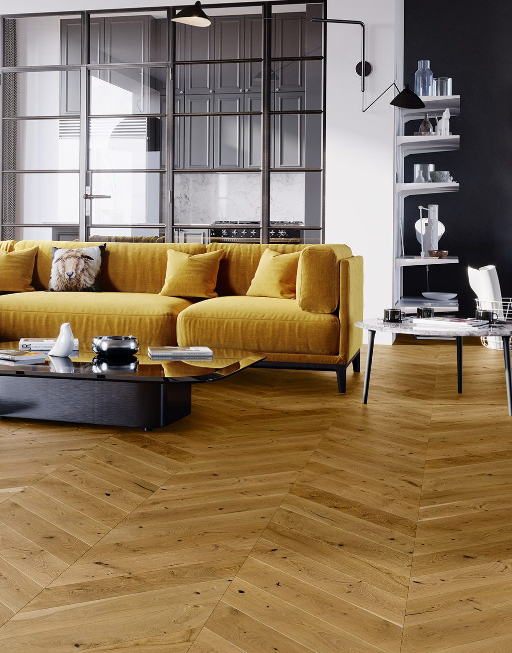 Chelsea Chevron - Golden Oak Brushed & Lacquered Engineered Wood Flooring 4